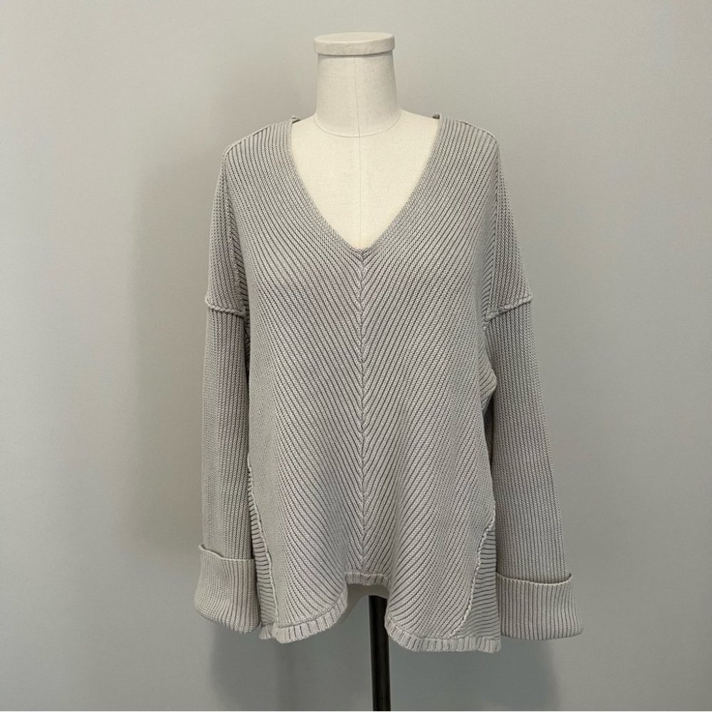 Free People La Brea V Neck Oversized Cotten Ribbed Knit Sweater - Picture 4 of 16